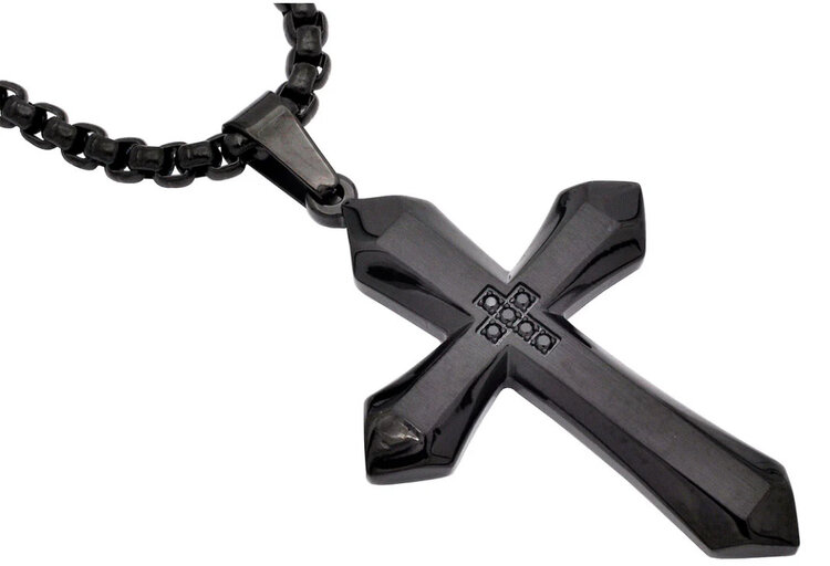 BLACKJACK (Y)BJ CZ BLACK STAINLESS STEEL CZ BRUSHED & POLISHED CROSS 24” ROUNDED BOX CHAIN