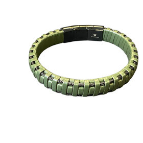 BLACKJACK (Y)BJ GREEN LEATHER & STEEL WIRE GENTS MAGNET SLIDE CLASP BRACELET