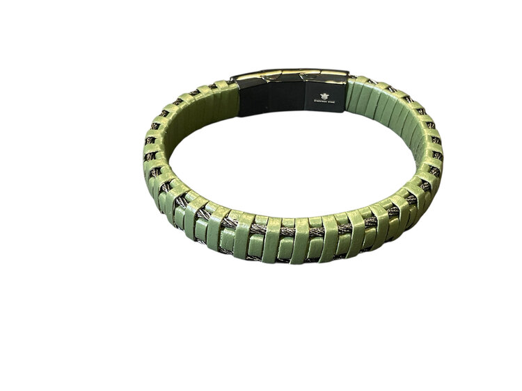 BLACKJACK (Y)BJ GREEN LEATHER & STEEL WIRE GENTS MAGNET SLIDE CLASP BRACELET
