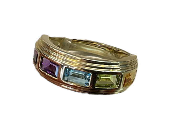 PRIMA NY (Y)14K 1.82CT MULTICOLOR BEZEL SET EMERALD CUT CITRINE, PERIDOT, BLUE TOPAZ, AMETHYST, GARNET FINGER SIZE 6.5