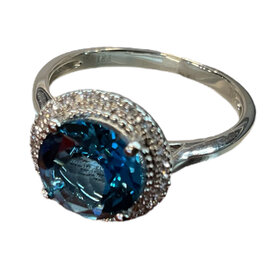 PRIMA NY (Y)14K 0.10CT & 2.27CT LONDON BLUE TOPAZ AND DIAMOND  WHITE GOLD HALO RING FINGER SIZE 6