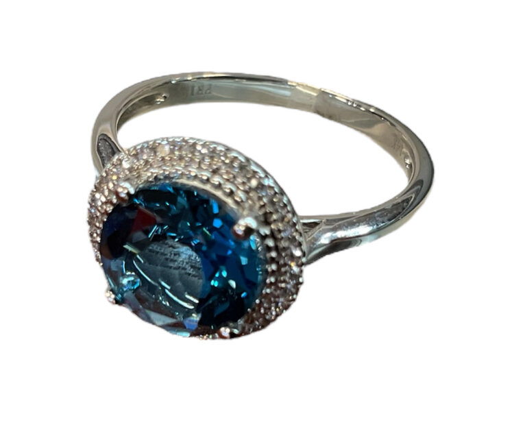 PRIMA NY (Y)14K 0.10CT & 2.27CT LONDON BLUE TOPAZ AND DIAMOND  WHITE GOLD HALO RING FINGER SIZE 6