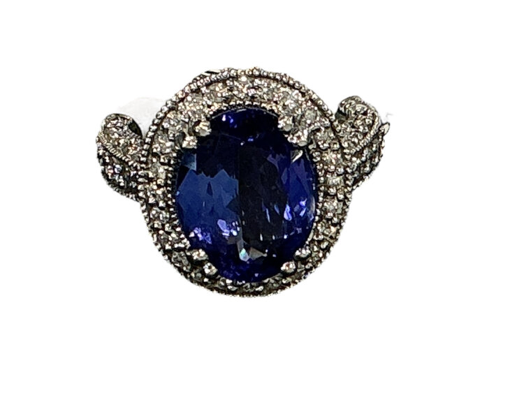 GEMDEK (Y)14K TZ 5.73CT DIA 1.62CT WHITE GOLD TANZANITE/DIAMOND RING