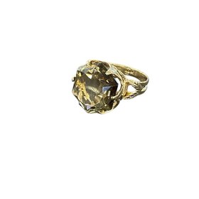 (Y)14KY 9.37CT SMOKEY QTZ HEXAGON FANCY CUT VINTAGE LEAF RING