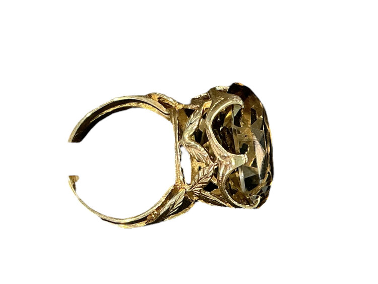 (Y)14KY 9.37CT SMOKEY QTZ HEXAGON FANCY CUT VINTAGE LEAF RING