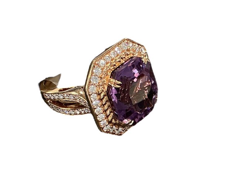GEMDEK (Y)14K AM 9.55CT DIA .85CT ROSE GOLD AMETHYST/DIAMOND RING