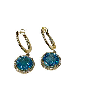 (Y)14KY 7.05TW TPZ 1/4TW DIAMOND HALO AND SKY BLUE TOPAZ ROUND CUT YELLOW GOLD DANGLE EARRINGS