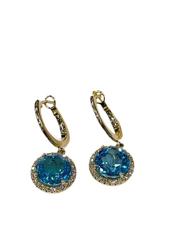 (Y)14KY 7.05TW TPZ 1/4TW DIAMOND HALO AND SKY BLUE TOPAZ ROUND CUT YELLOW GOLD DANGLE EARRINGS