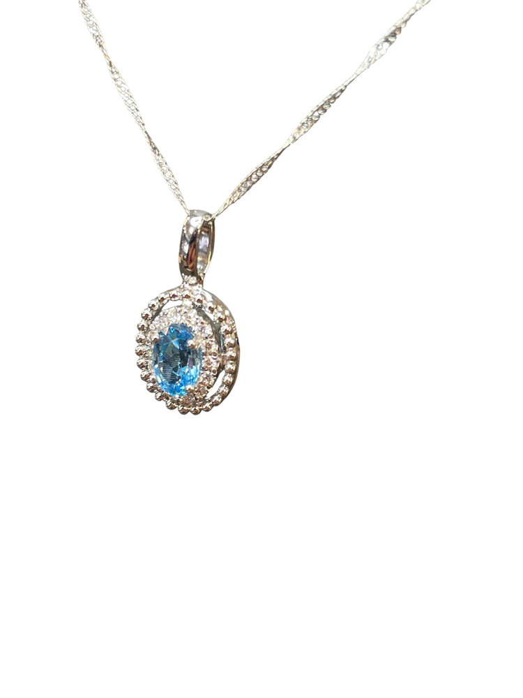 (R)14KW .68CT .10CTW DIA & BEAD OVAL CUT HALO PNDT  16” SINGAPORE CHAIN 14KT WG