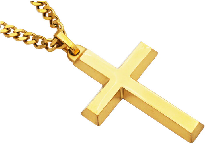 BLACKJACK (Y)BJ YELLOW STAINLESS STEEL CROSS NECKLACE MENS 24” CURB CHAIN