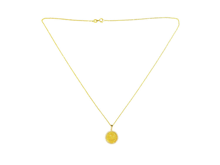 (Y)24K 1 GRAM COIN SET IN 14K YELLOW GOLD BEZEL WITH .25CT DIA (E/VS1 NATURAL)