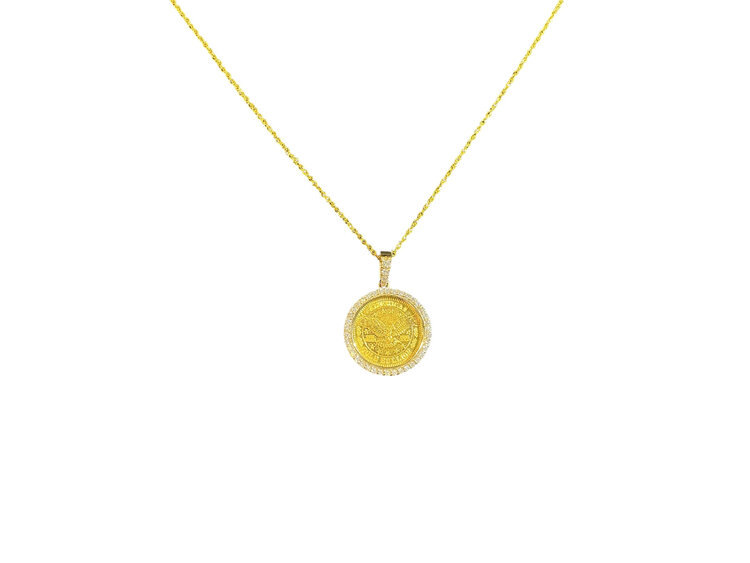 (Y)24K 1 GRAM COIN SET IN 14K YELLOW GOLD BEZEL WITH .25CT DIA (E/VS1 NATURAL)