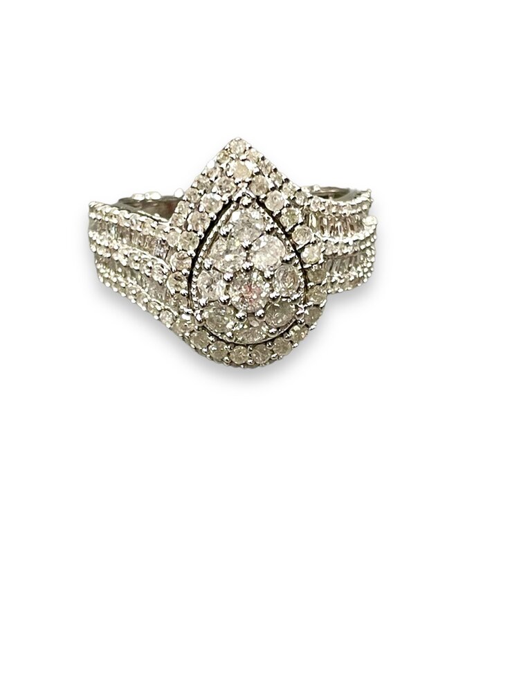 (R)925 1.50CTW DIA BAG & RND, MULTI STONE PEAR HALO RING BAGUETTE AND ROUND