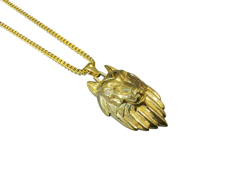 BLACKJACK (Y)BJ WOLF HEAD GOLD STAINLESS STEEL CZ EYES W/24” FRANCO CHAIN