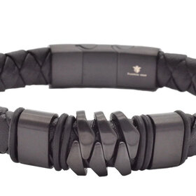 BLACKJACK (Y)GENUINE LEATHER BLACK STAINLESS STEEL BRACELET