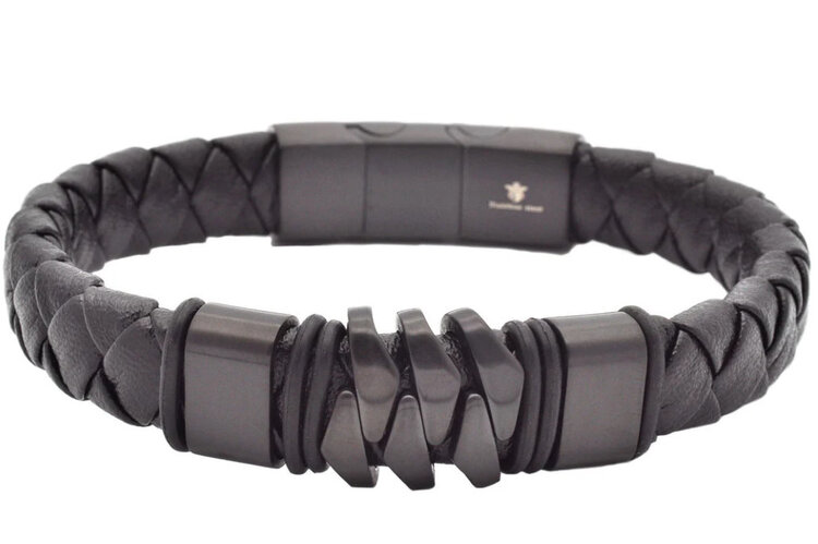 BLACKJACK (Y)GENUINE LEATHER BLACK STAINLESS STEEL BRACELET