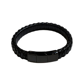 BLACKJACK (Y)BJ BLACK LEATHER AND STEEL WIRE GENTS MAGNET SLIDE CLASP BRACELET
