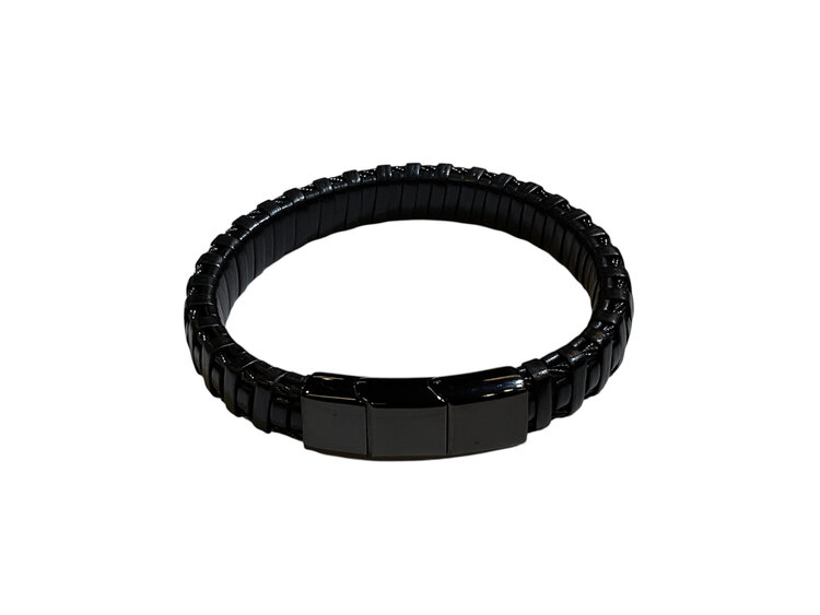 BLACKJACK (Y)BJ BLACK LEATHER AND STEEL WIRE GENTS MAGNET SLIDE CLASP BRACELET