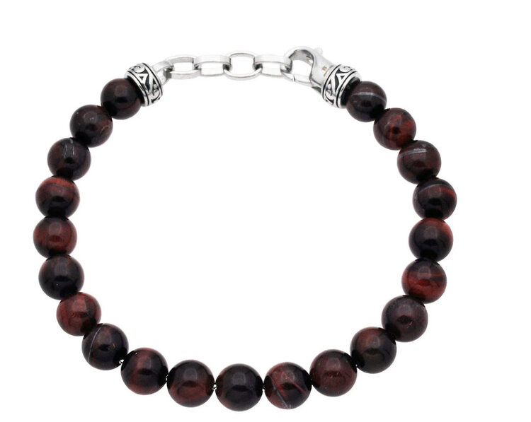 BLACKJACK (R)RED TIGER EYE GENUINE STEEL 8MM BEAD BRACELET GENTS