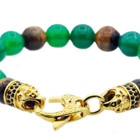 BLACKJACK (R)BJ GREEN AGATE & TIGER EYE BEADS ON YELLOW PLATED STEEL