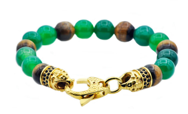 BLACKJACK (R)BJ GREEN AGATE & TIGER EYE BEADS ON YELLOW PLATED STEEL