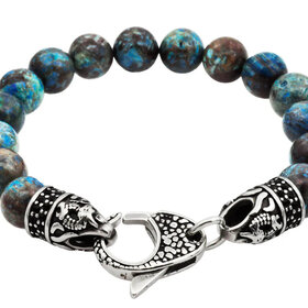 BLACKJACK (R)GREEN/BLUE APATITE BEADS STEEL W/BLK CZ BRACELET