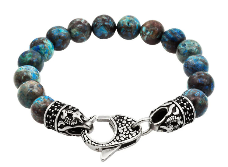 BLACKJACK (R)GREEN/BLUE APATITE BEADS STEEL W/BLK CZ BRACELET