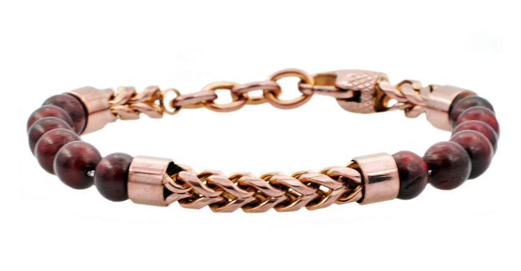 BLACKJACK (Y)BJ KOA WOOD RED BEAD ROSE PLATED STEEL BRACELET