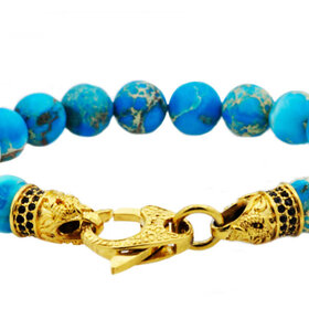 BLACKJACK (R)BJ SEA SEDIMENT JASPER GOLD STAINLESS STEEL W/BLACK CZ BRACELET