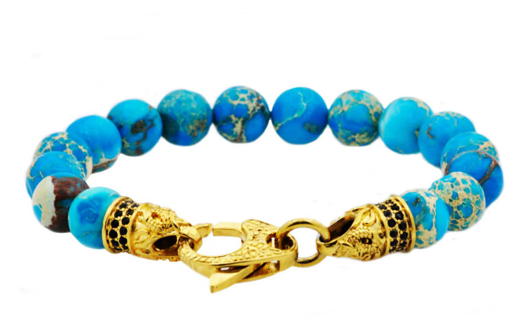 BLACKJACK (R)BJ SEA SEDIMENT JASPER GOLD STAINLESS STEEL W/BLACK CZ BRACELET