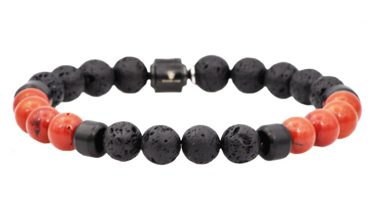 BLACKJACK (R) BJ LAVA RED JASPER STAINLESS STEEL BEADED BRACELET