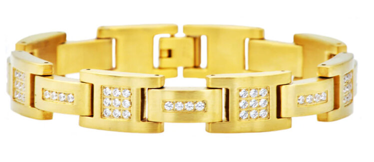 BLACKJACK (Y)BJ CZ YT STEEL YELLOW STAIN STEEL MENS BRACELET WITH CLEAR STONES