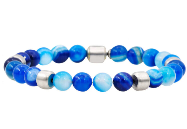 BLACKJACK (Y)BLUE AGATE STAINLESS STEEL BEADED BRACELET