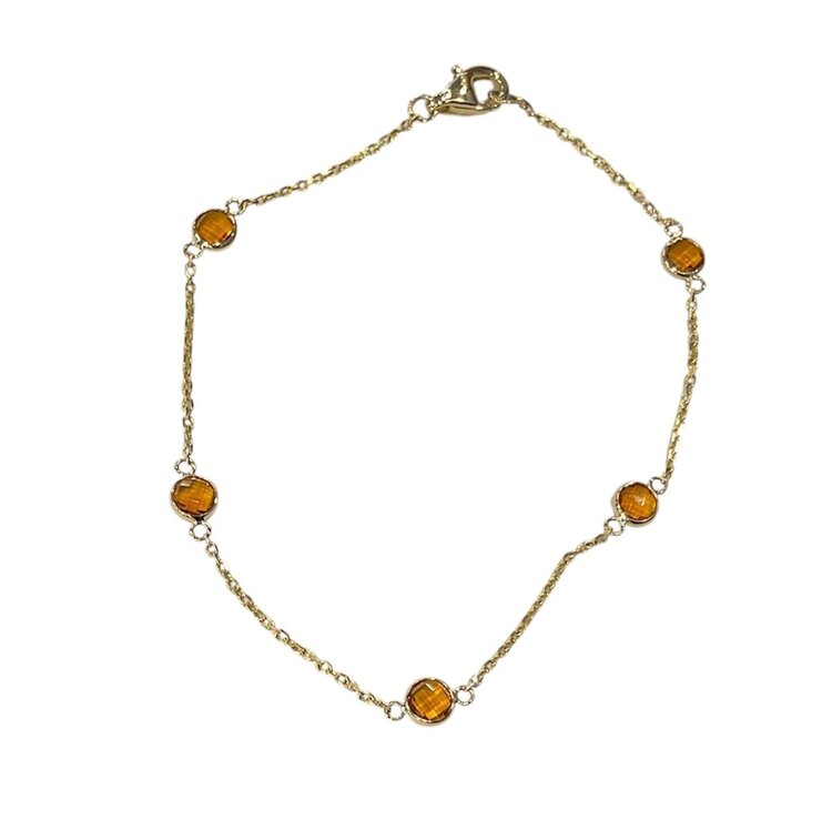 PRIMA NY (Y)14KY 1.17TW CITRINE ROUND CHECKEREDBOARD CUT BEZEL SET BY THE YARD W/CABLE CHAIN, 7” LONG  YELLOW GOLD BRACELET