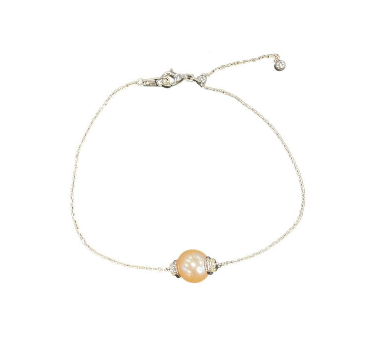 PRIMA NY (Y)14KW 0.08TW 10MM ROSE PEARL W/DIAMOND SINGLE STATION CABLE CHAIN ADJUSTABLE WHITE GOLD BRACELET