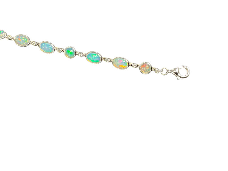 PRIMA NY (Y)14KW .10CTW DIA &  4.06CT OPAL BEZEL SET ALTERNATING DIAMOND AND OPAL ROUND & OVAL CUT WHITE GOLD  BRACELET