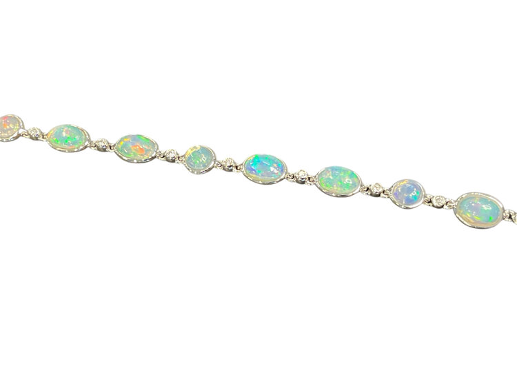 PRIMA NY (Y)14KW .10CTW DIA &  4.06CT OPAL BEZEL SET ALTERNATING DIAMOND AND OPAL ROUND & OVAL CUT WHITE GOLD  BRACELET