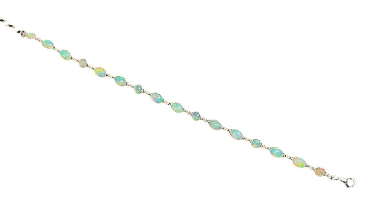 PRIMA NY (Y)14KW .10CTW DIA &  4.06CT OPAL BEZEL SET ALTERNATING DIAMOND AND OPAL ROUND & OVAL CUT WHITE GOLD  BRACELET