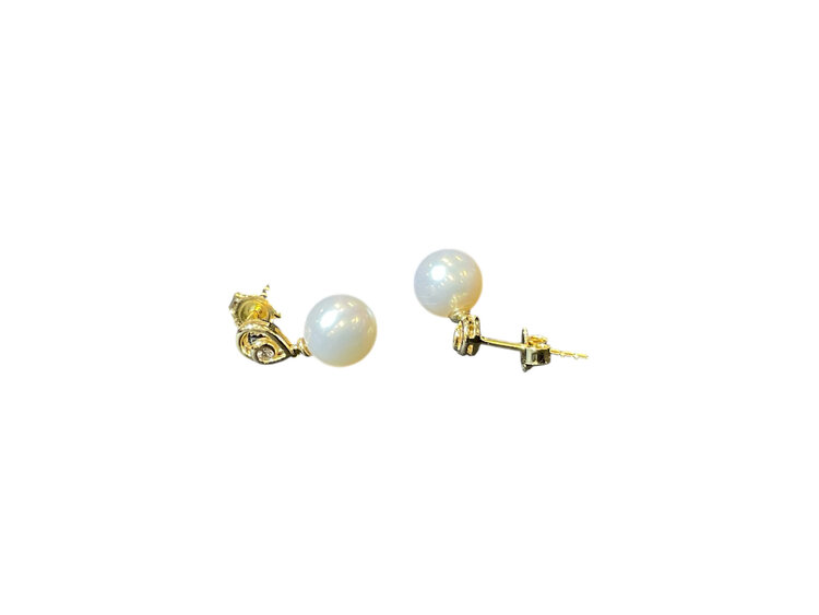 MASTALONI (Y)14KY 7-7.5MM FW DANGLE PEARL FRESHWATER W/DIAMOND ACCENT YELLOW GOLD  EARRINGS