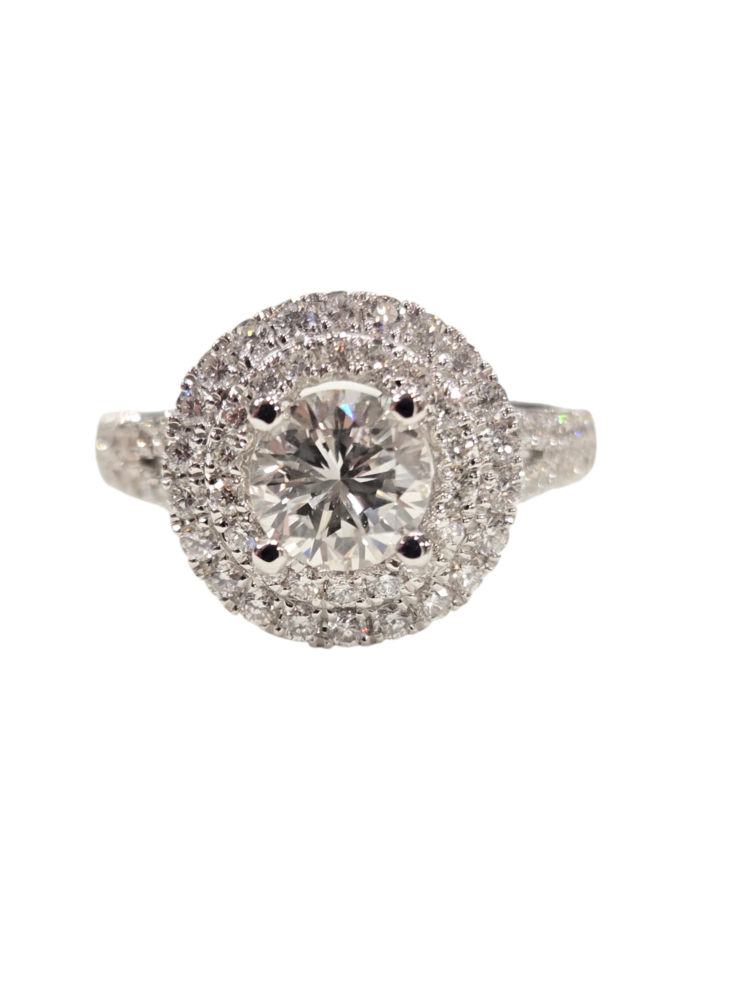 PRIMA NY (X) 14K .94CT VS2 J .79MTG WHITE GOLD DOUBLE HALO BRIDAL RING NATURAL DIAMONDS