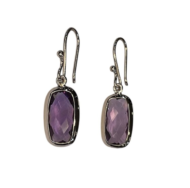 STEPHEN ESTELLE (Y)925 AMETHYST RECTANGULAR CHECKERBOARD CUT SILVER DANGLE EARRINGS