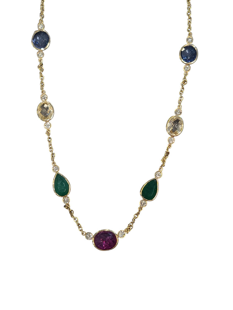 GEMDEK (R)14K RUB 3.46CT, BLU SAPP 4.27CTW, YEL SAPP 4.20CTW, EM 3.75, DIA 0.46CTW