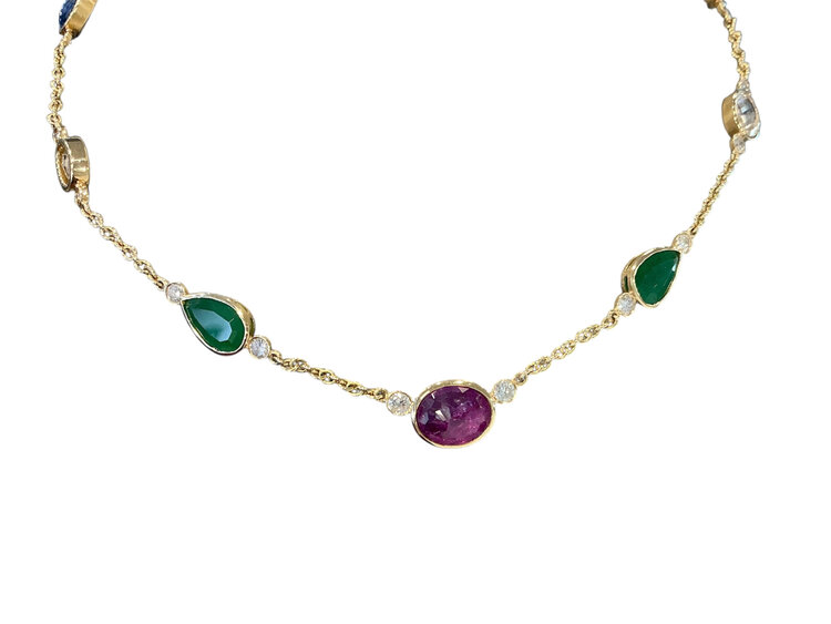 GEMDEK (R)14K RUB 3.46CT, BLU SAPP 4.27CTW, YEL SAPP 4.20CTW, EM 3.75, DIA 0.46CTW