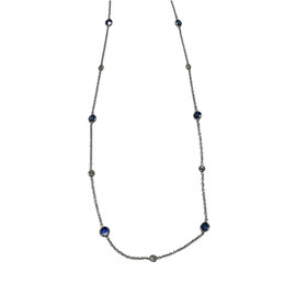 GEMDEK (Y)14KW 1.88CTW & 0.47CTW SAPPHIRE & DIAMOND BEZEL SET WHITE GOLD  CABLE CHAIN NECKLACE ADJUSTABLE 16”-18” LONG