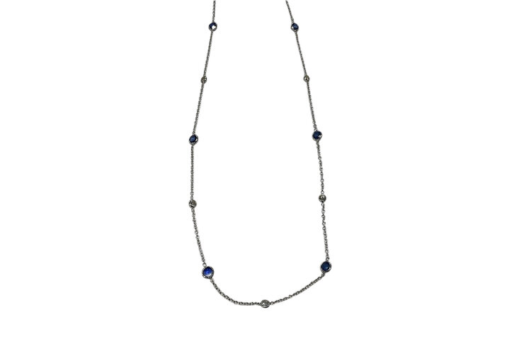 GEMDEK (Y)14KW 1.88CTW & 0.47CTW SAPPHIRE & DIAMOND BEZEL SET WHITE GOLD  CABLE CHAIN NECKLACE ADJUSTABLE 16”-18” LONG