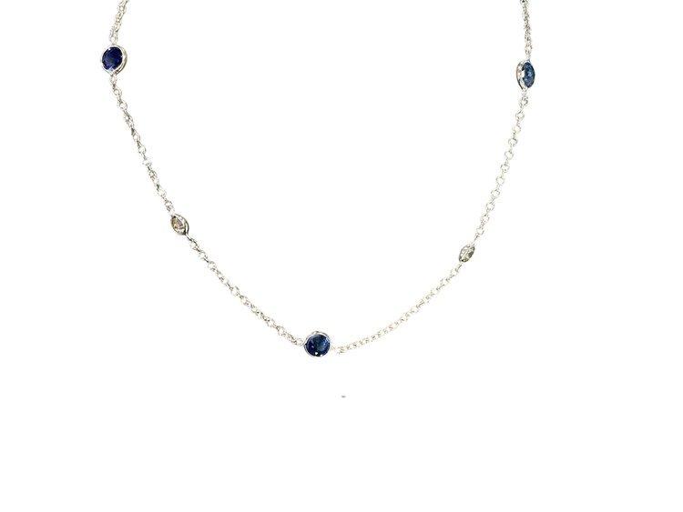 GEMDEK (Y)14KW 1.88CTW & 0.47CTW SAPPHIRE & DIAMOND BEZEL SET WHITE GOLD  CABLE CHAIN NECKLACE ADJUSTABLE 16”-18” LONG