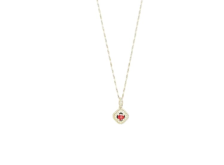(R)14KW .19CT RUBY .07CTW DIA PENDANT ON 18” CHAIN