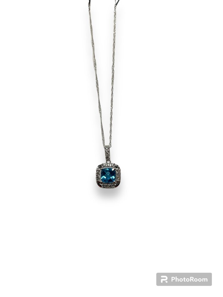 (R)14KW 1.07CT .19TW BT DIA CHECKERBOARD CUSHION CUT HALO  PNDT 16” SINGAPORE CHAIN 14KT WHITE GOLD