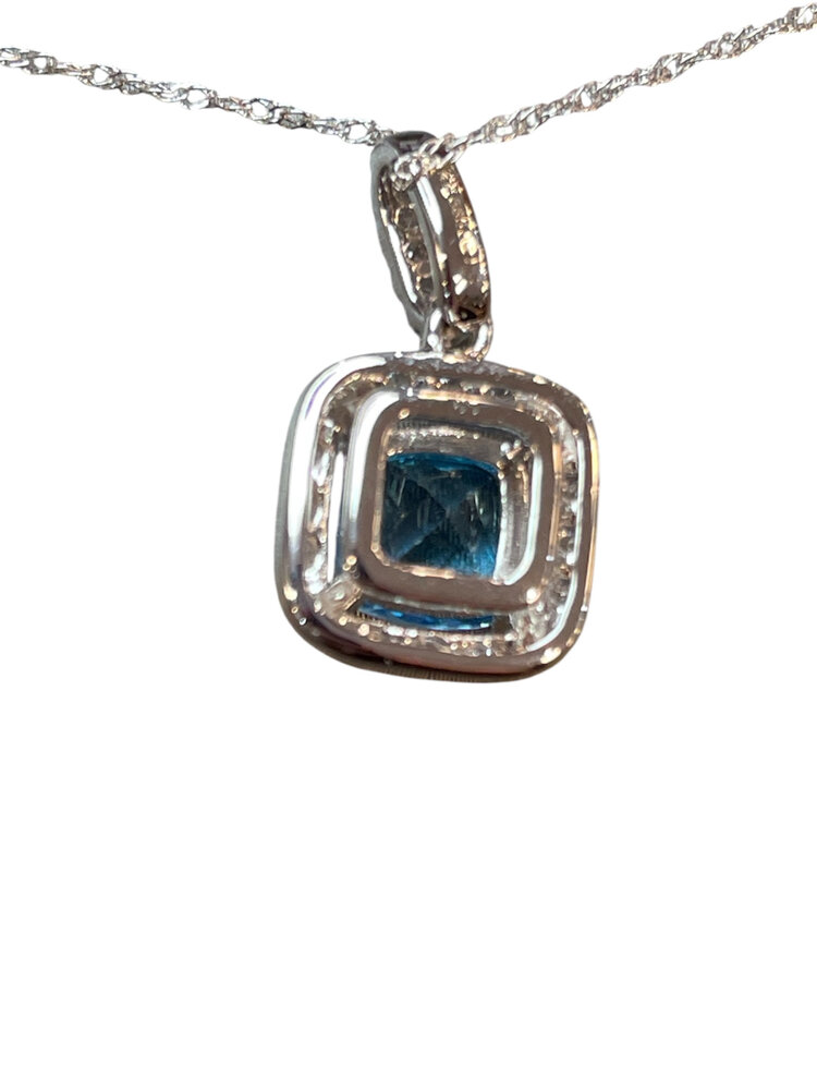 (R)14KW 1.07CT .19TW BT DIA CHECKERBOARD CUSHION CUT HALO  PNDT 16” SINGAPORE CHAIN 14KT WHITE GOLD