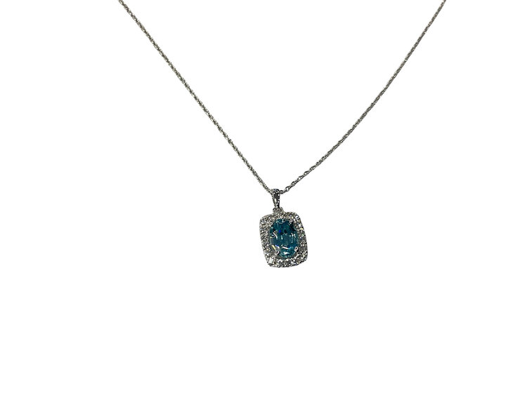 PRIMA NY (Y)14K 1.12BL ZIR 0.17DIA, 1.12CT OVAL BLUE ZIRCON AND 0.17CT ROUND DIAMONDS PENDANT ON WHITE GOLD CHAIN